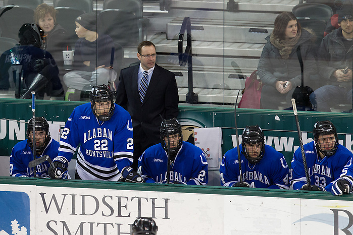 9 Jan 15: Mike Corbett (Alabama-Huntsville - Head Coach). The Bemidji State University Beavers host the University of Alabama-Huntsville Chargers in a WCHA conference matchup at the Sanford Center in Bemidji, MN. (Jim Rosvold/USCHO.com)