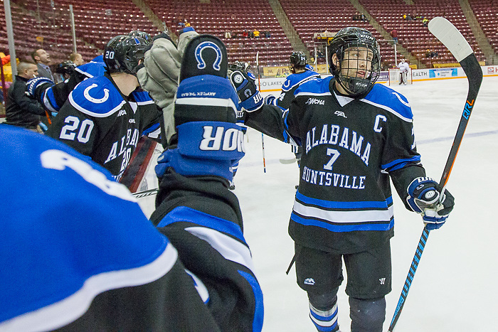 30 Dec 16: Max McHugh (Alabama Huntsville - 7). The University of Massachusetts Minutemen play against the University of Alabama Huntsville Chargers in a semi-final matchup at the 2016 Mariucci Classic at Mariucci Arena in Minneapolis, MN. (Jim Rosvold)