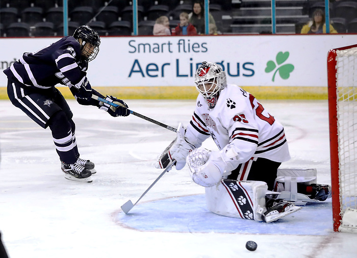 Press Eye - Belfast, Northern Ireland - 29th November 2019 - Photo by William Cherry/Presseye Northeastern's Craig Pantano with New Hampshire's Anthony Wyse during Friday afternoons Friendship Four game at the SSE Arena, Belfast. Photo by William Cherry/Presseye (William Cherry/Presseye)