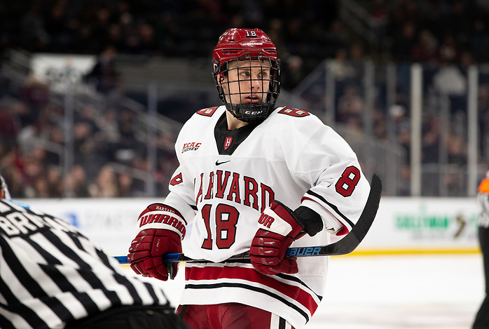 775463140RG2131_HAR_NU BOSTON, MA - FEBRUARY 3: Jack Drury #18 of the Harvard Crimson. NCAA hockey in the semifinals of the annual Beanpot Hockey Tournament between Northeastern and Harvard at TD Garden on February 3, 2020 in Boston, Massachusetts. The Huskies won 3-1. (Photo by Rich Gagnon/USCHO) (Rich Gagnon)